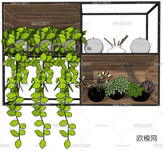 工业风壁柜绿植su模型下载
