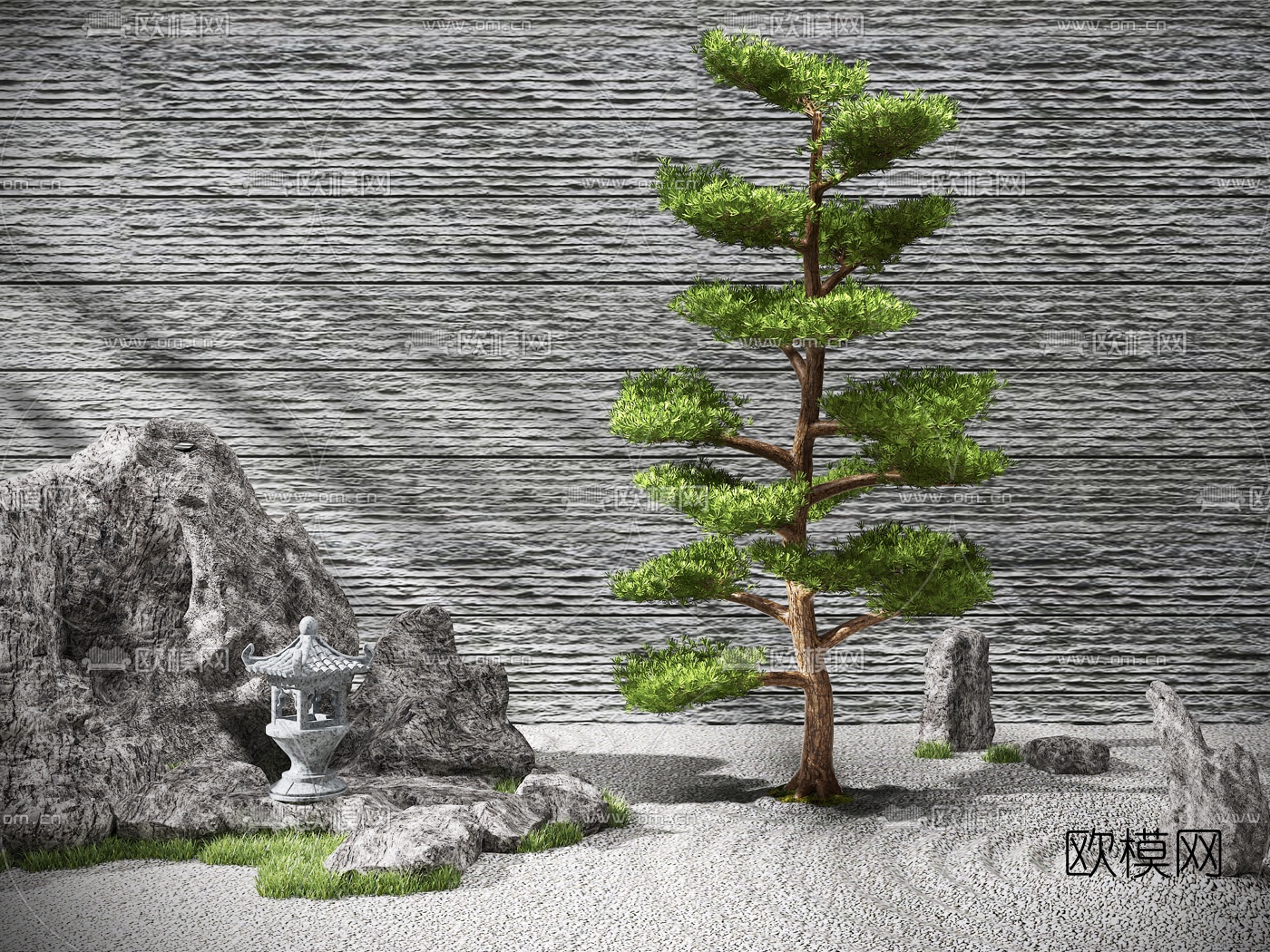 新中式假山松树景观小品3d模型