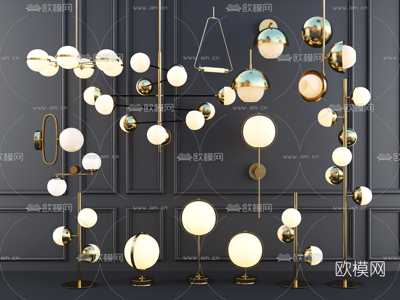 现代轻奢金属落地灯吊灯3d模型