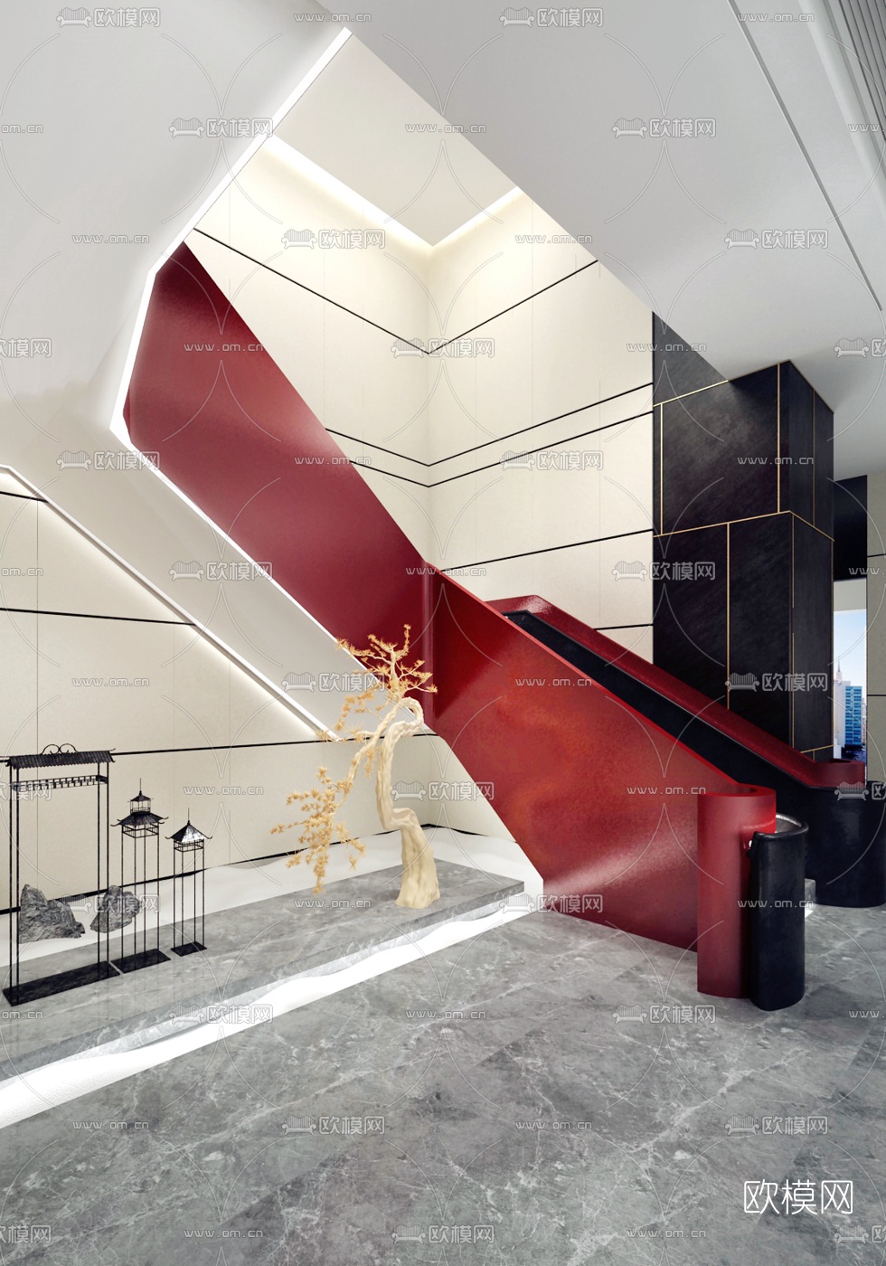 柏舍设计 新中式售楼处楼梯过道3d模型下载（渲染图2）