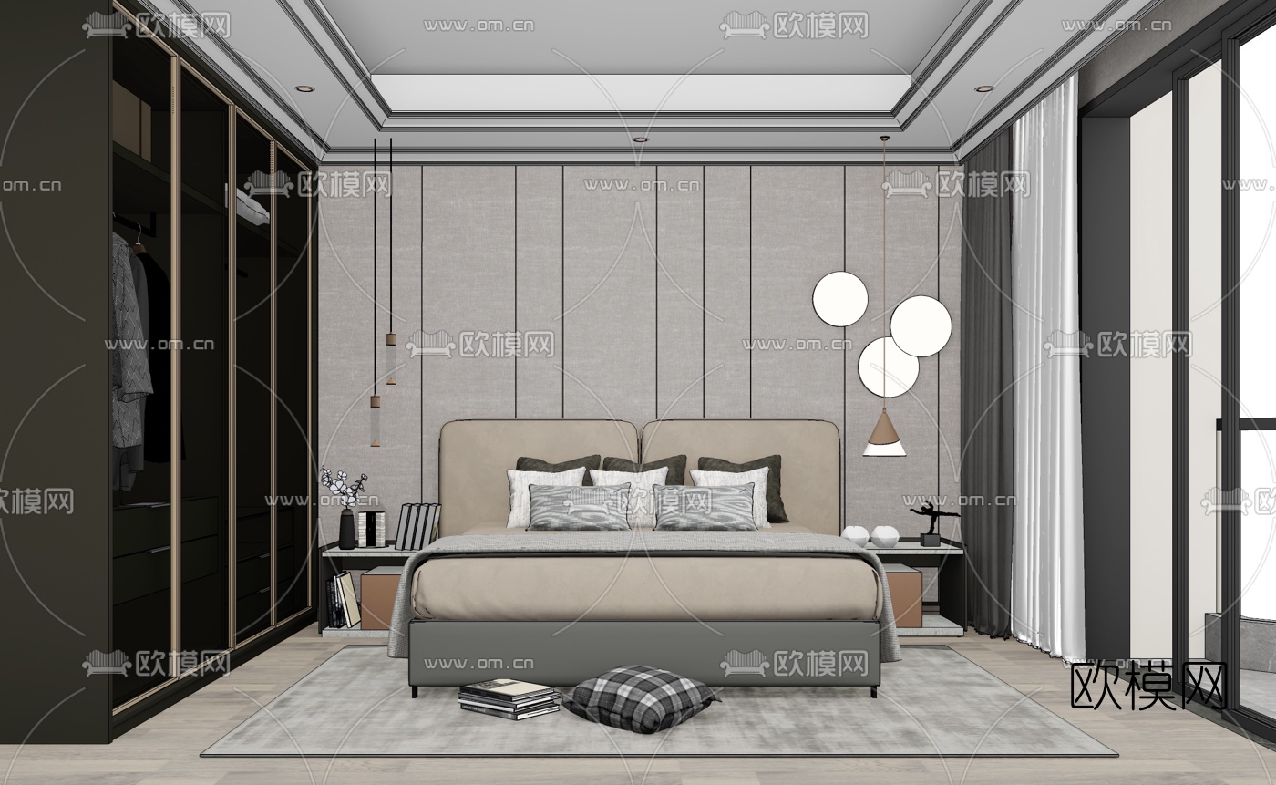 现代卧室su模型下载（渲染图2）