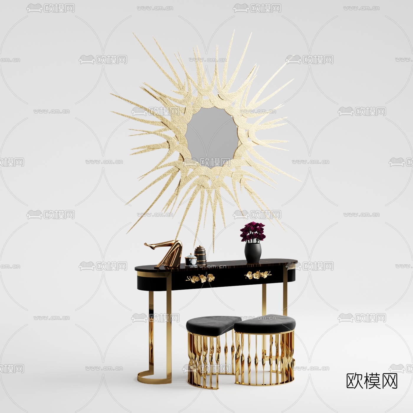 现代轻奢梳妆台3d模型下载（渲染图2）