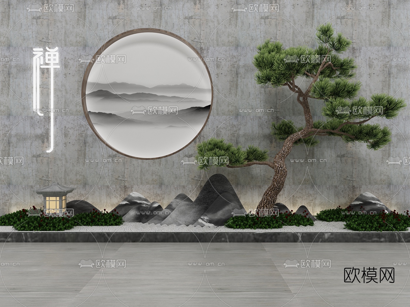 新中式松树假山园艺小品3d模型