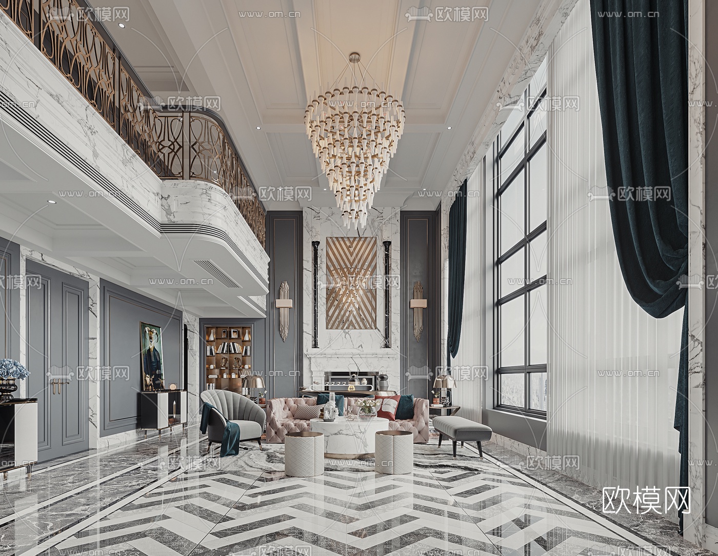 简欧轻奢别墅客厅3d模型下载（渲染图2）