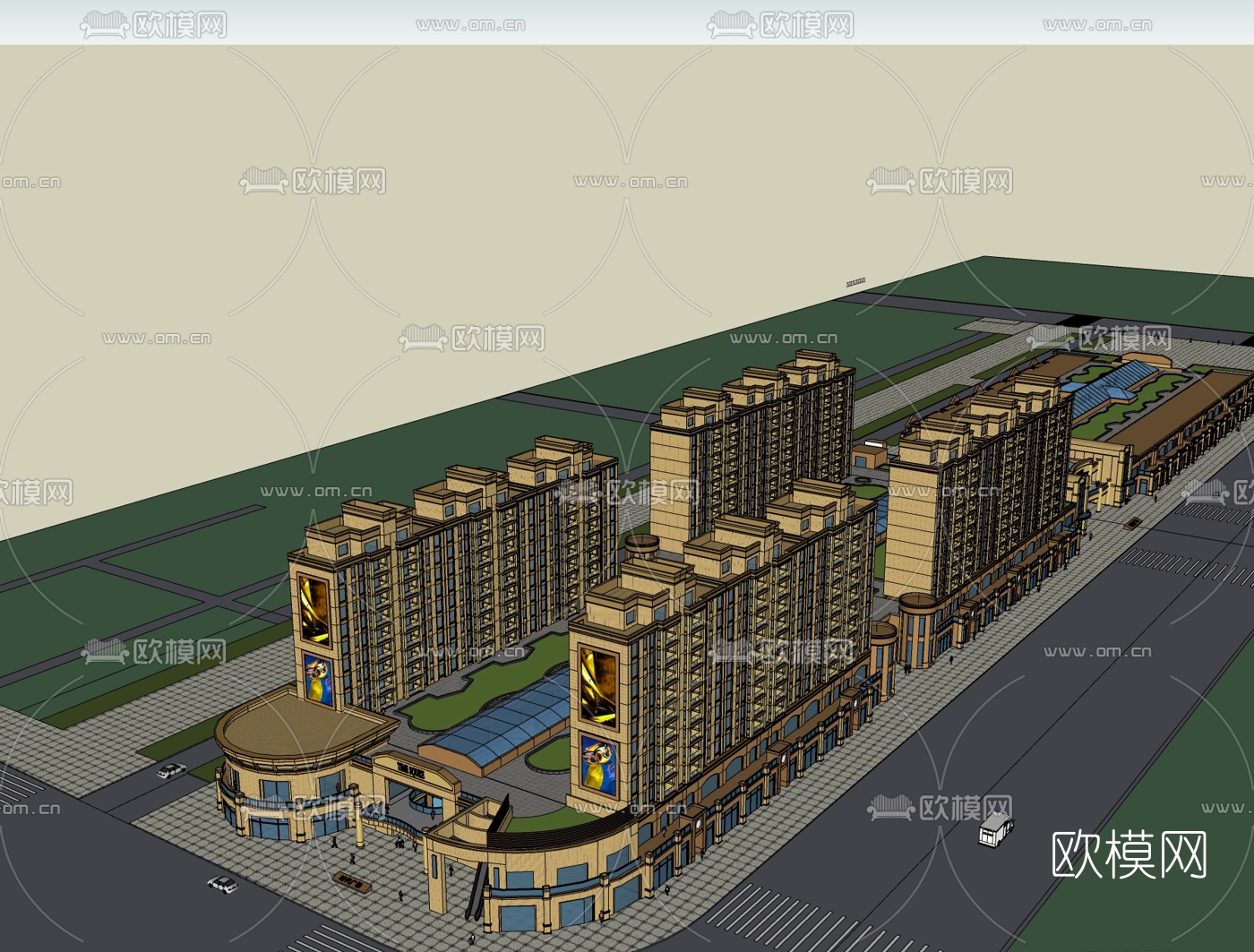 欧式商业街免费su模型下载（渲染图2）