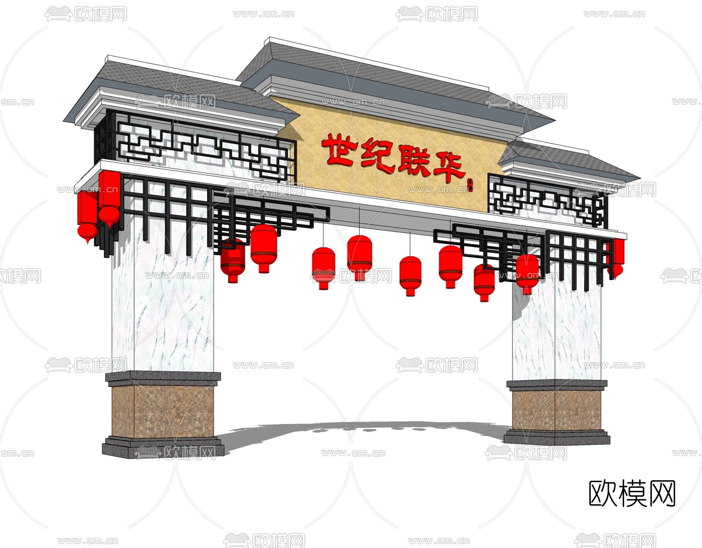 新中式小区门头免费su模型