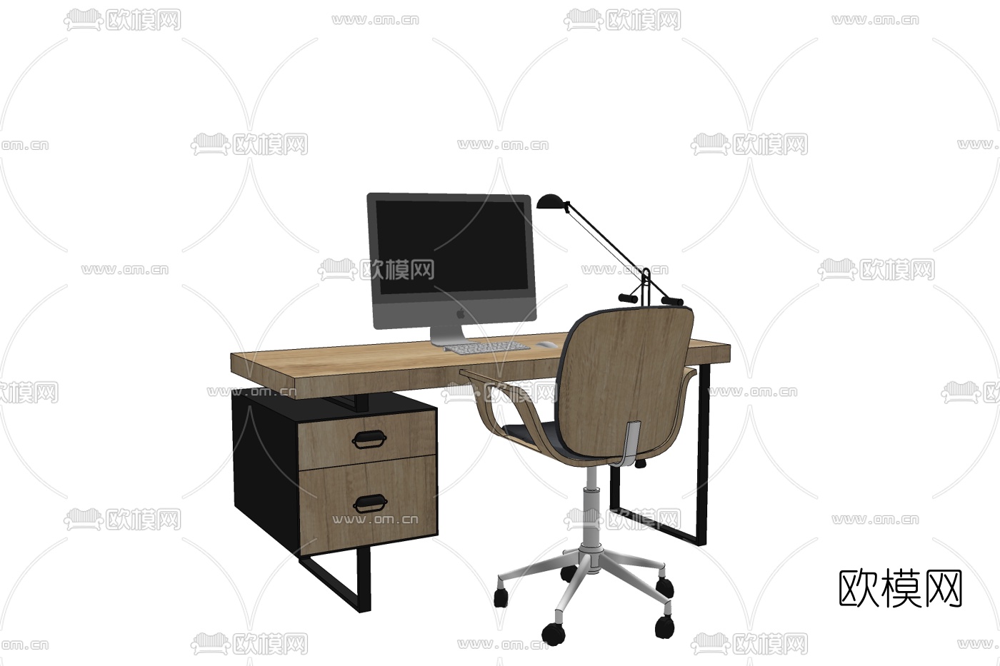 现代实木电脑桌免费su模型下载