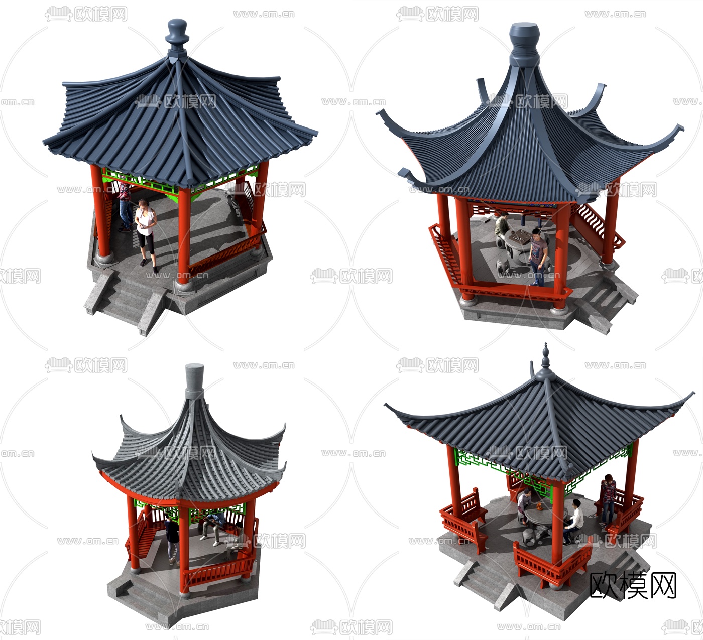 中式古建凉亭组合3d模型