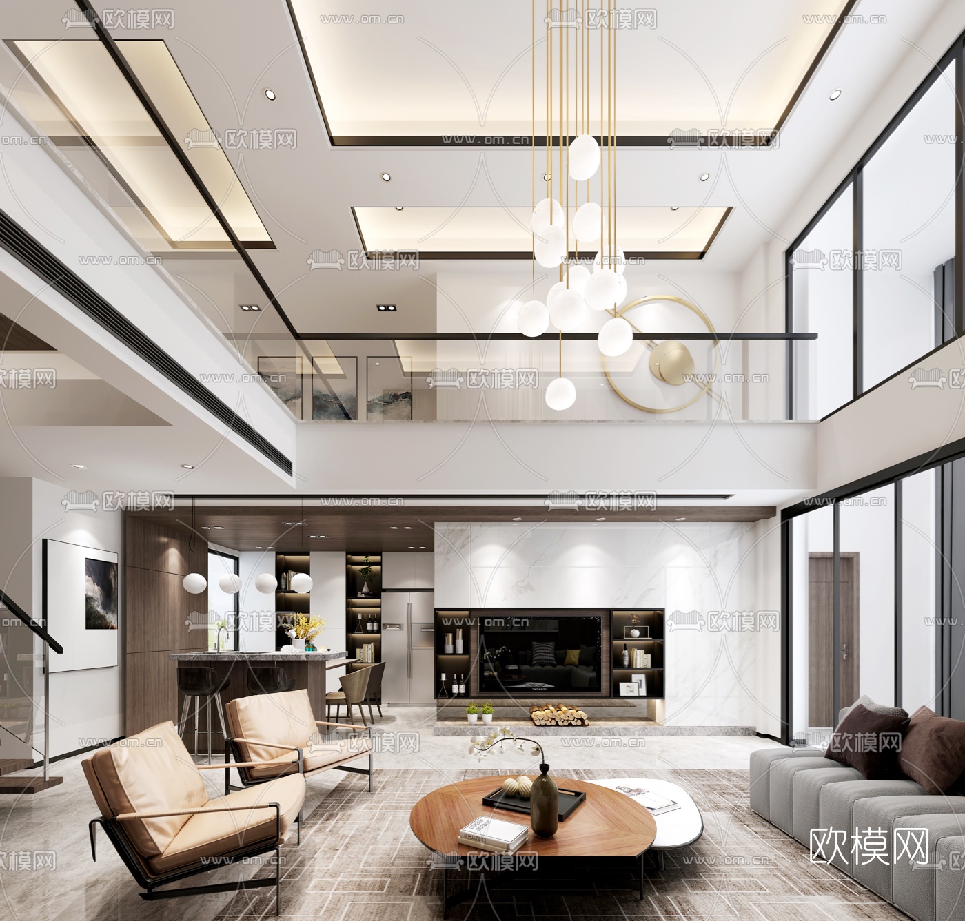 现代轻奢别墅客厅餐厅3d模型