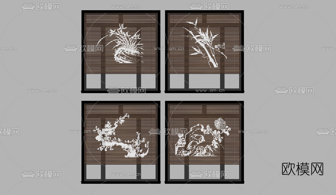 中式梅兰竹菊百叶帘su模型下载
