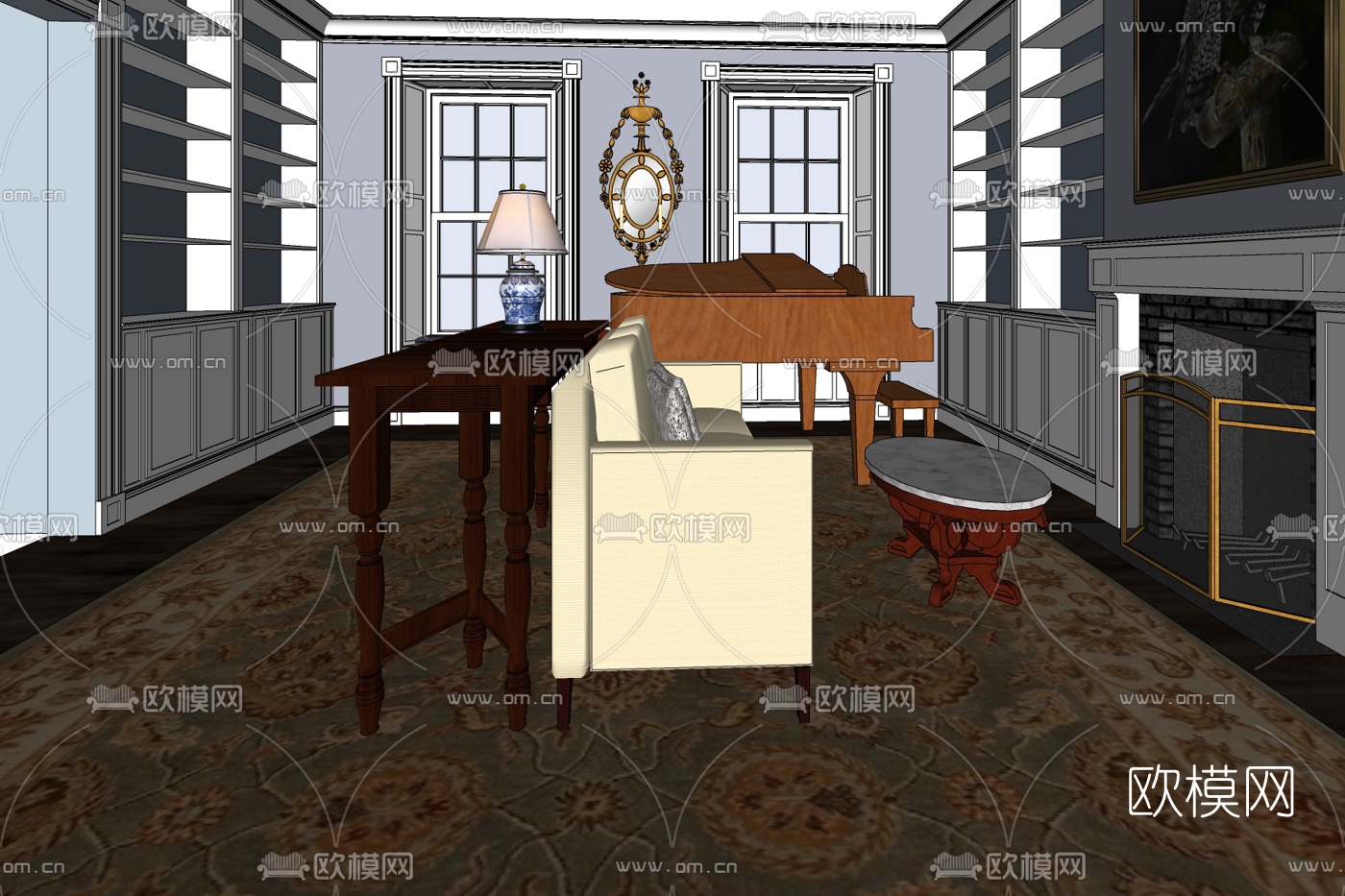 美式简约客厅免费su模型下载