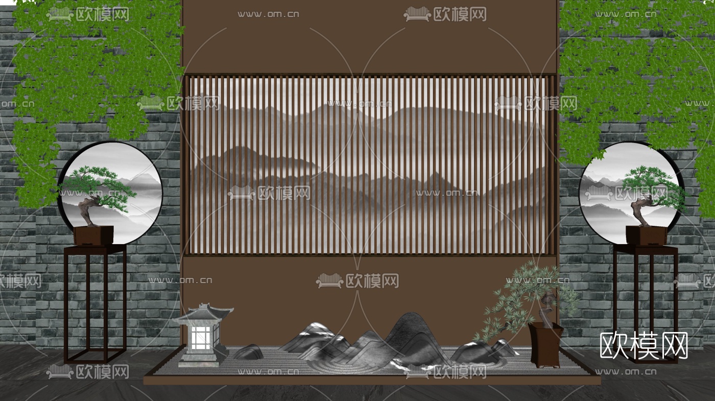 新中式片石盆栽背景墙小品su模型