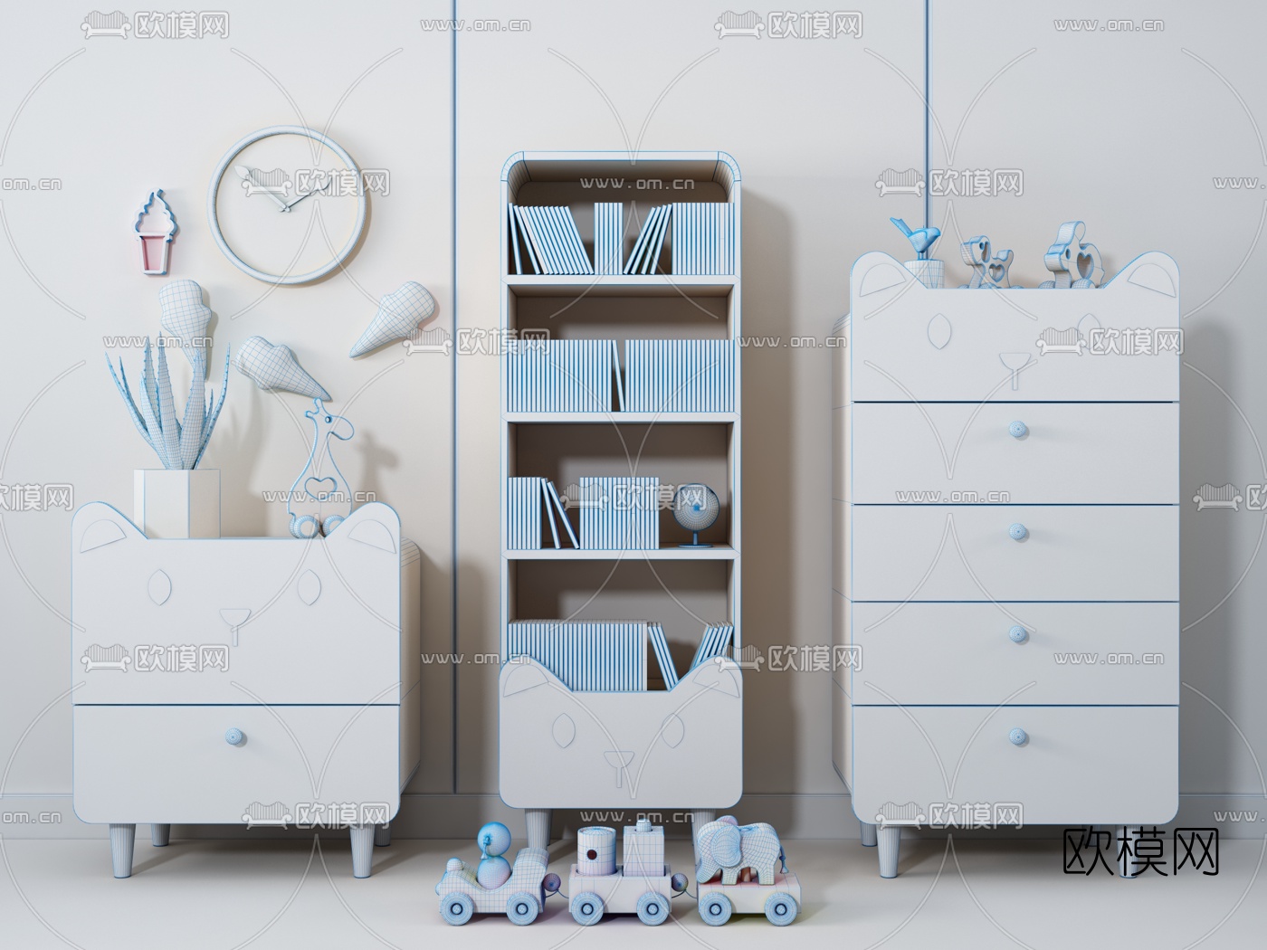 北欧原木儿童书柜斗柜3d模型下载（渲染图2）
