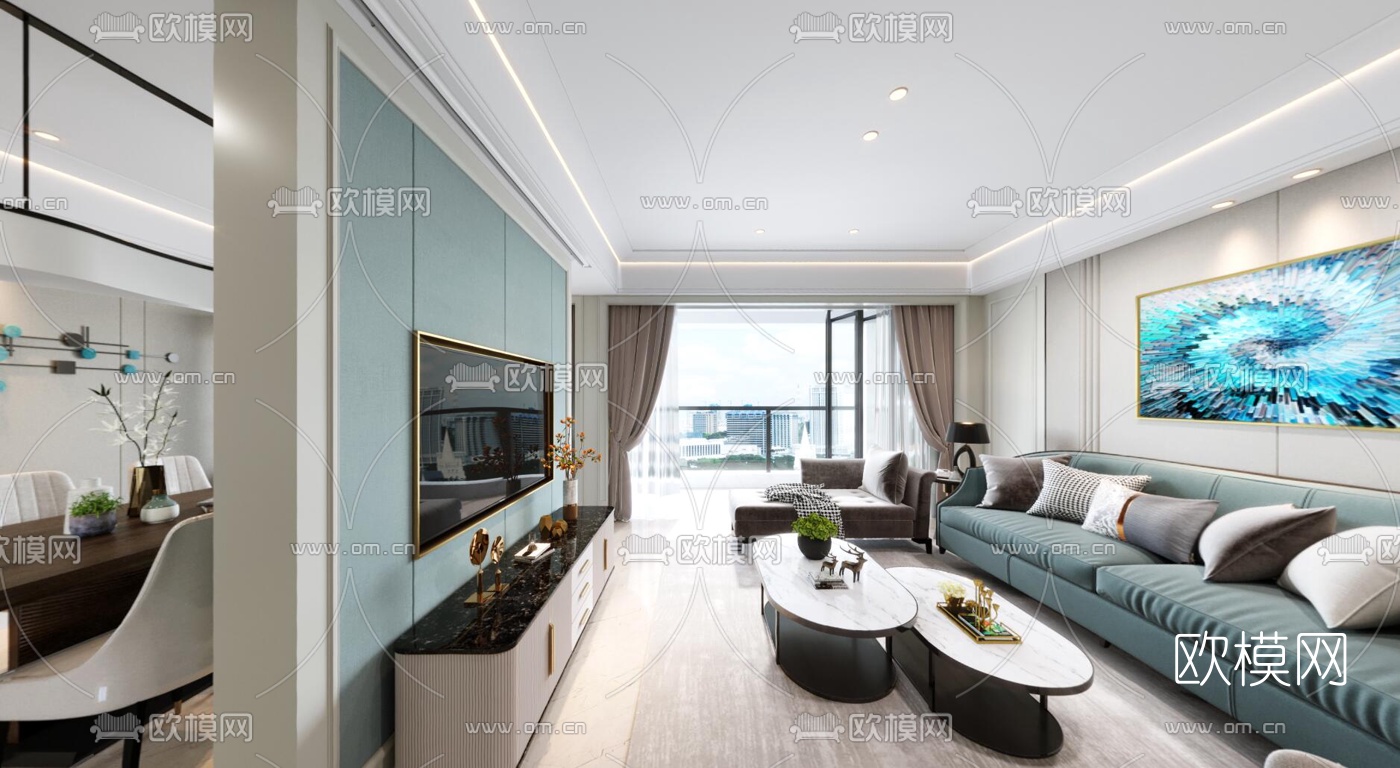 现代轻奢客厅餐厅cr全景3d模型