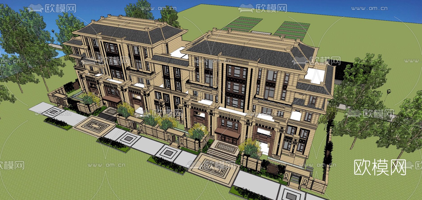 新中式联排别墅su模型下载（渲染图1）