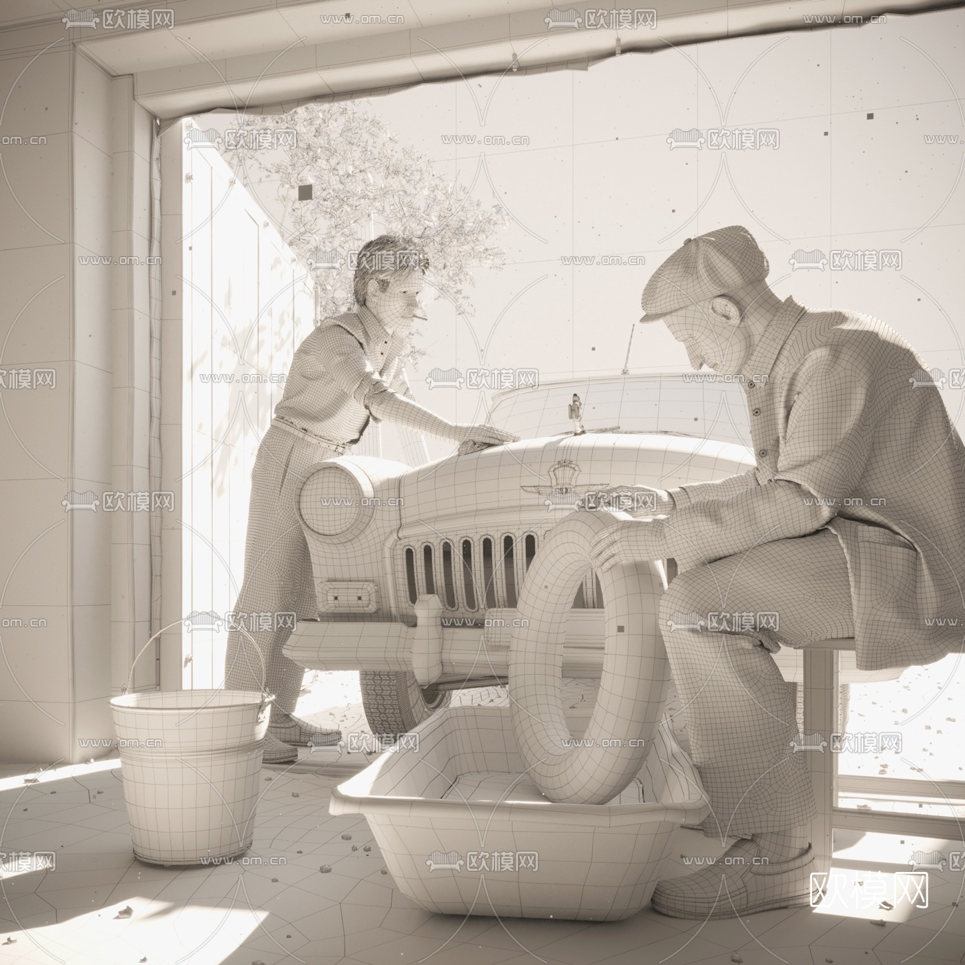 美式修车人物3d模型下载（渲染图2）