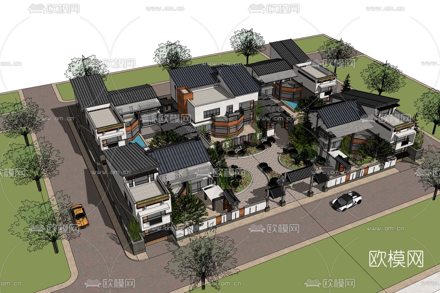 新中式别墅区规划免费su模型下载