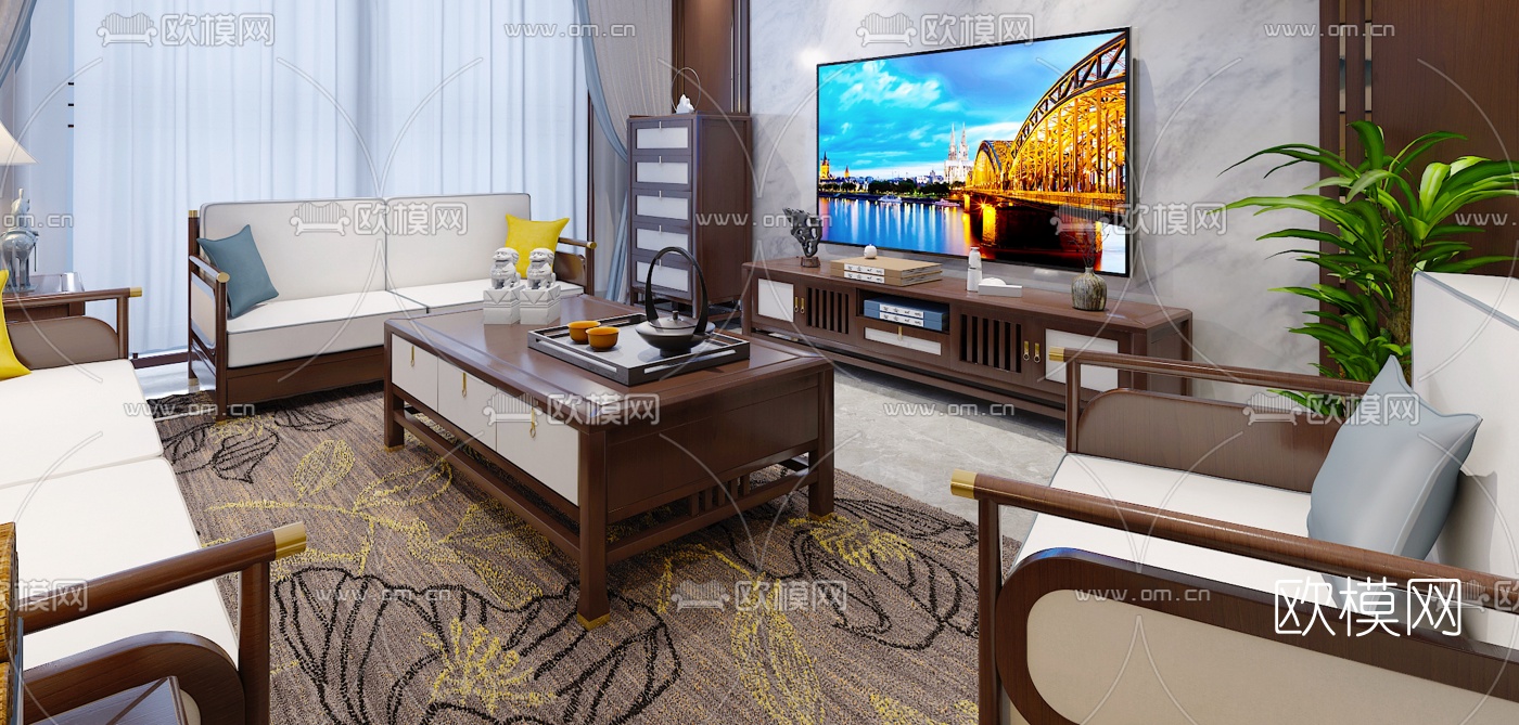 新中式实木电视柜沙发组合免费3d模型下载（渲染图1）