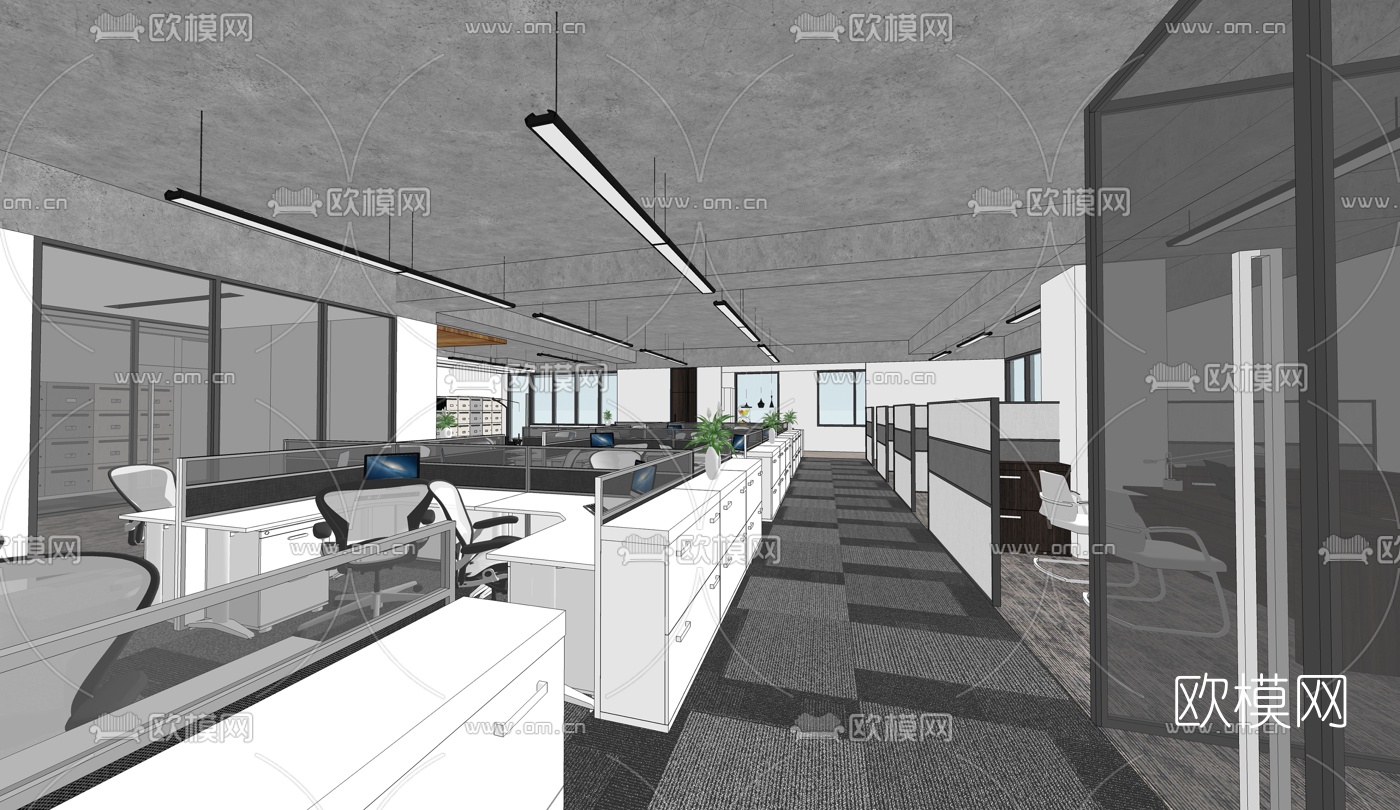 现代敞开式办公室su模型下载（渲染图1）