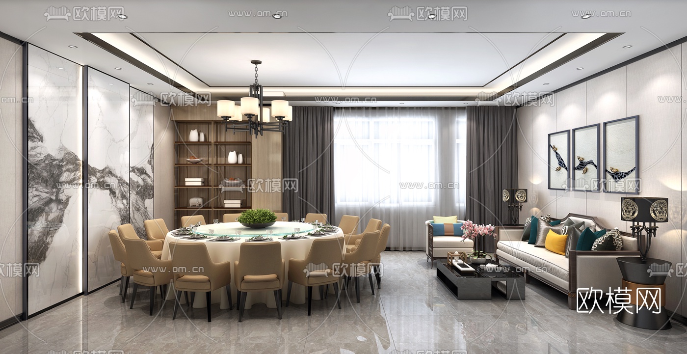 新中式餐厅包房免费3d模型-免费3dmax模型库-欧模网