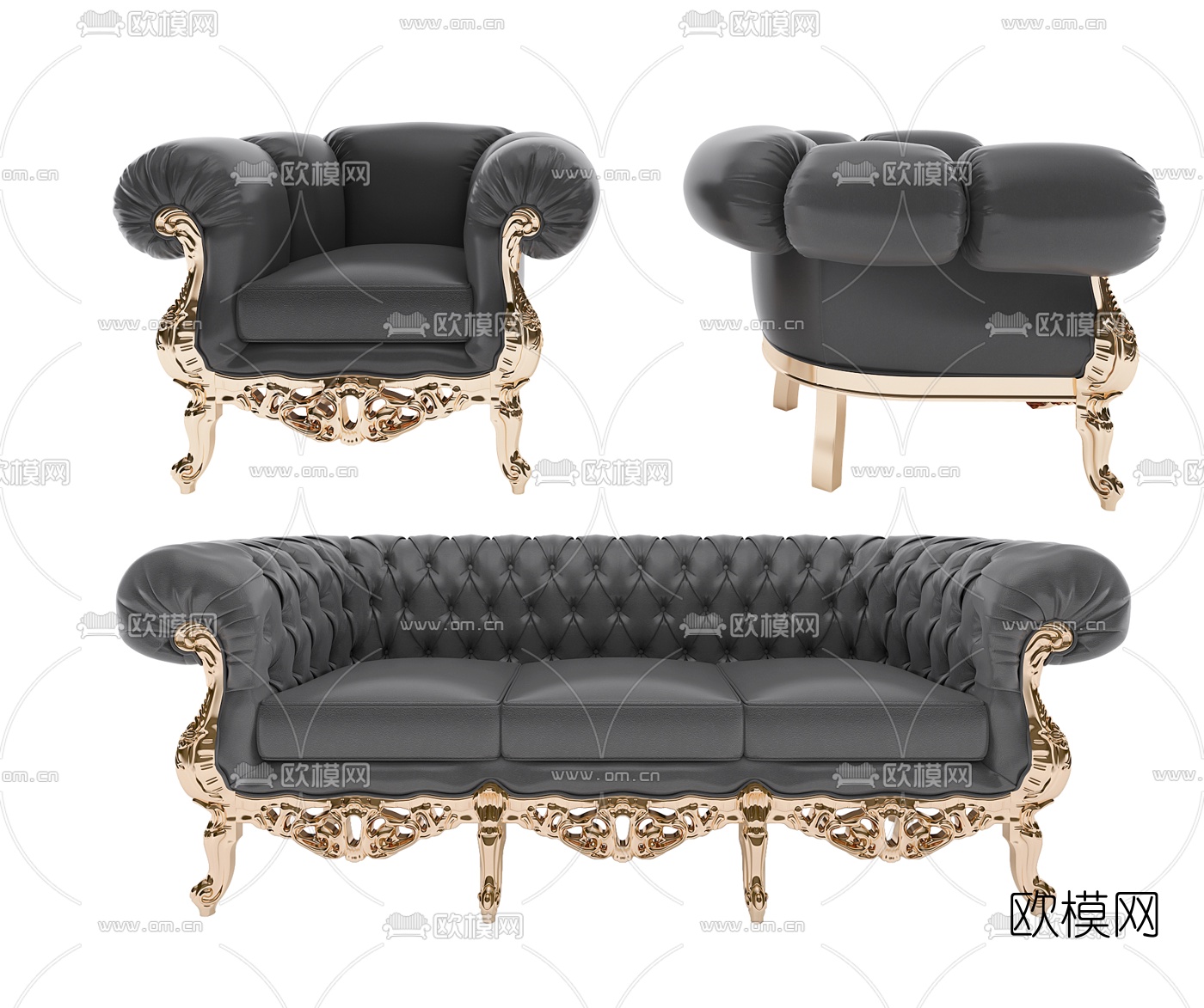 欧式轻奢多人沙发单人沙发3d模型下载