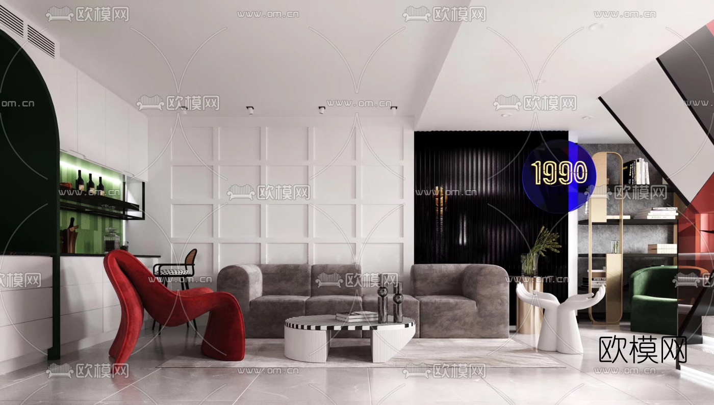 后现代简约客厅3d模型下载