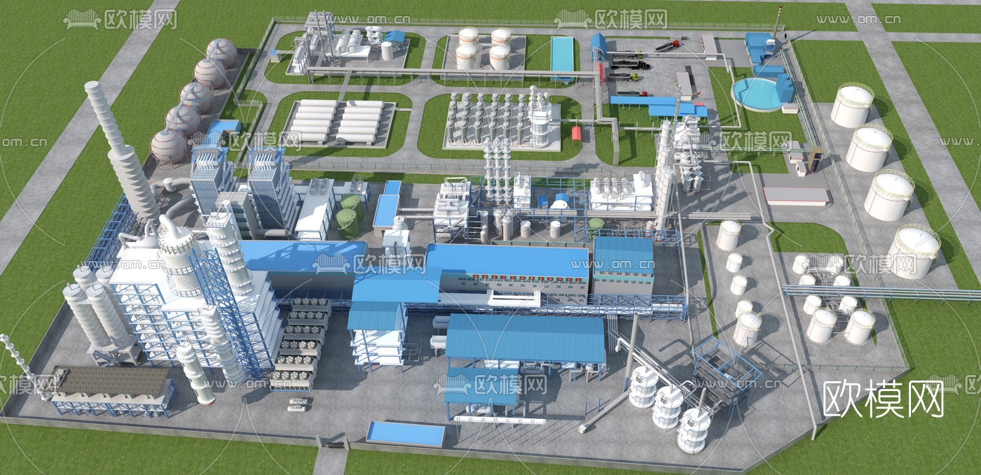 現代化工廠設備廠房建築鳥瞰規劃3d模型