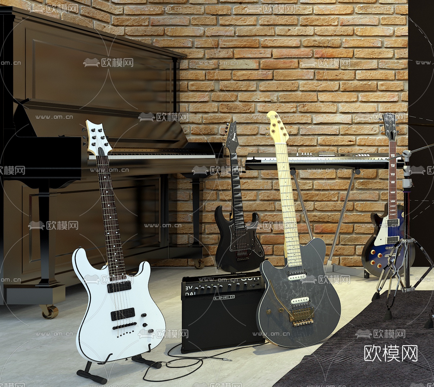现代吉他架子鼓钢琴3d模型下载（渲染图2）