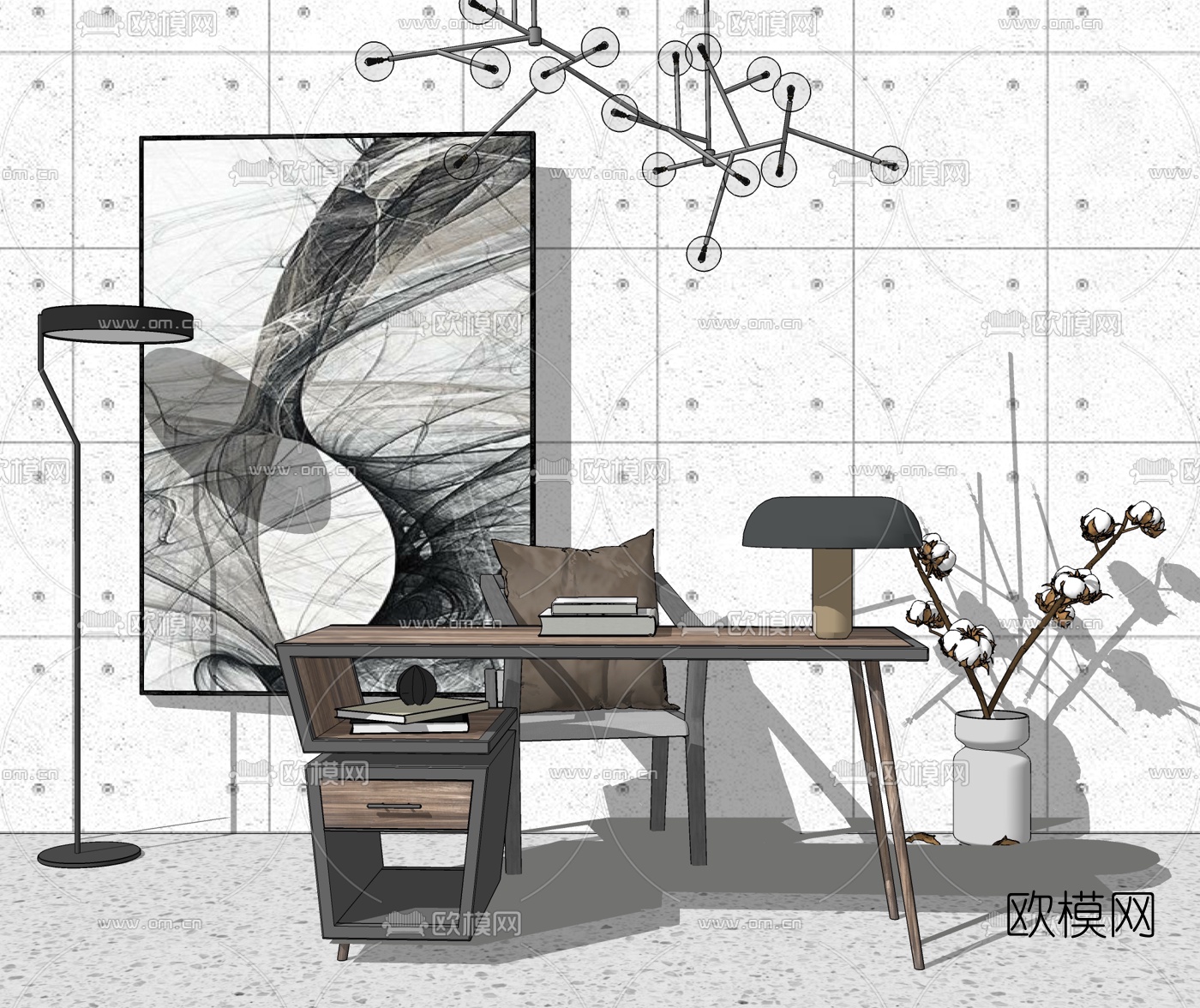 现代实木书桌椅su模型下载（渲染图1）