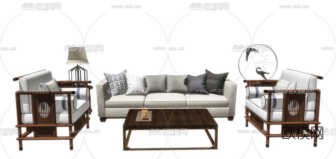 新中式布艺沙发组合su模型下载