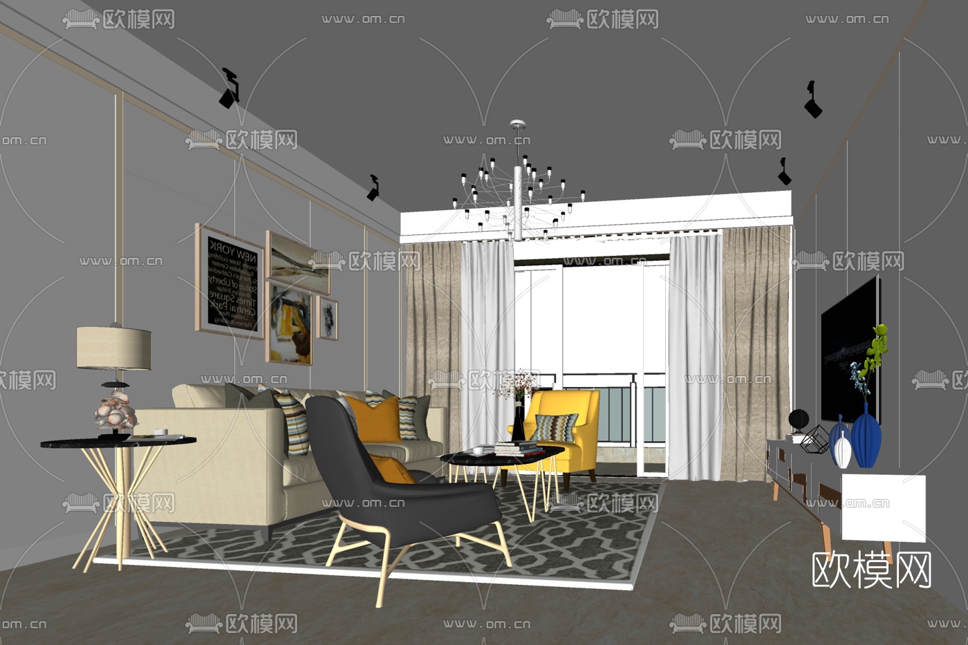 北欧简约客厅免费su模型下载
