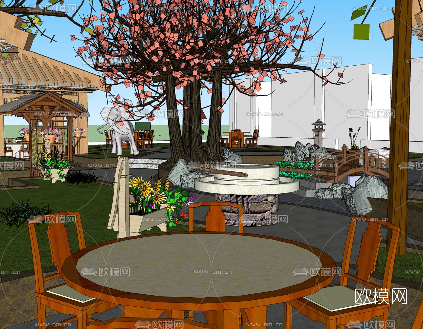 中式庭院景观免费su模型下载（渲染图2）