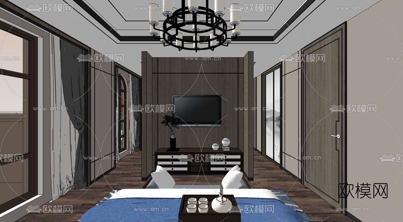 新中式主人房卧室su模型下载（渲染图5）