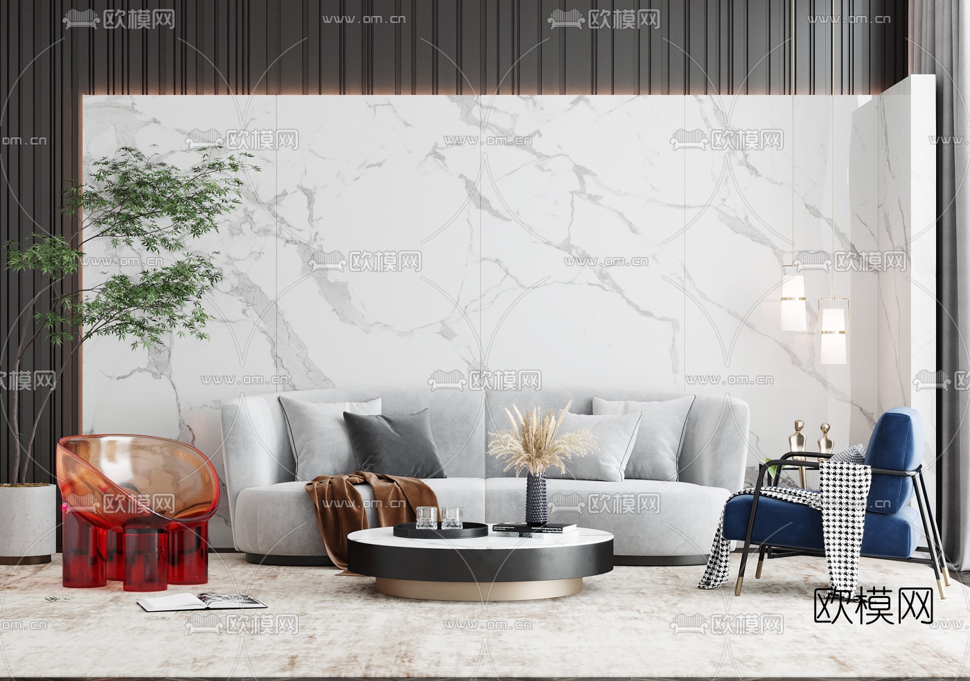 现代轻奢沙发茶几组合3d模型下载（渲染图1）