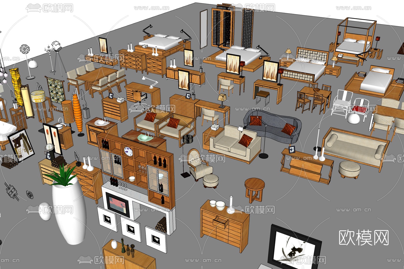 新中式家具沙发床组合免费su模型下载
