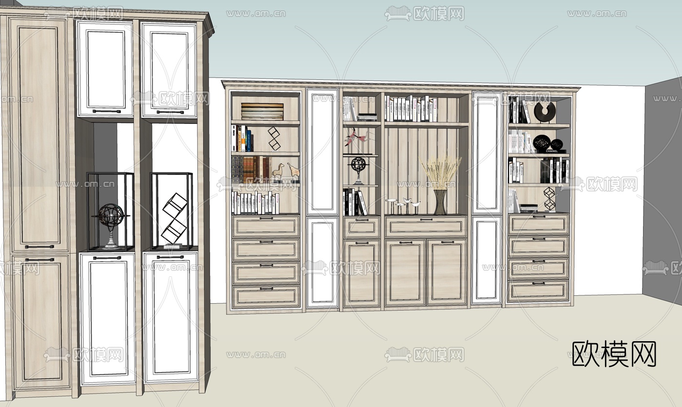 简欧实木书柜su模型下载（渲染图3）