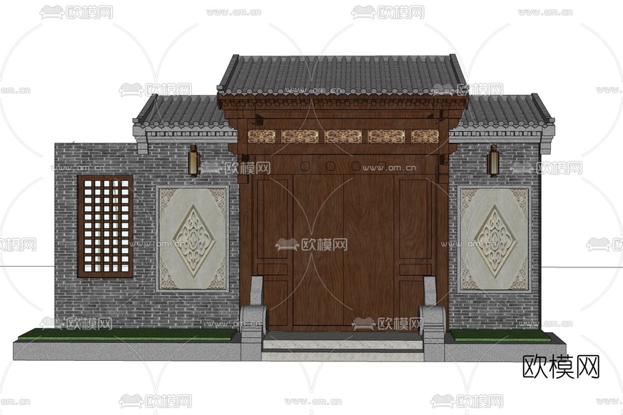 中式庭院大门免费su模型下载