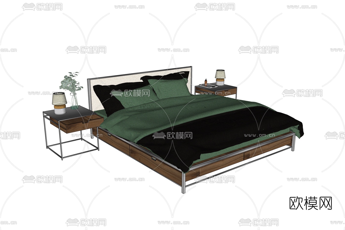 中式布艺双人床免费su模型下载