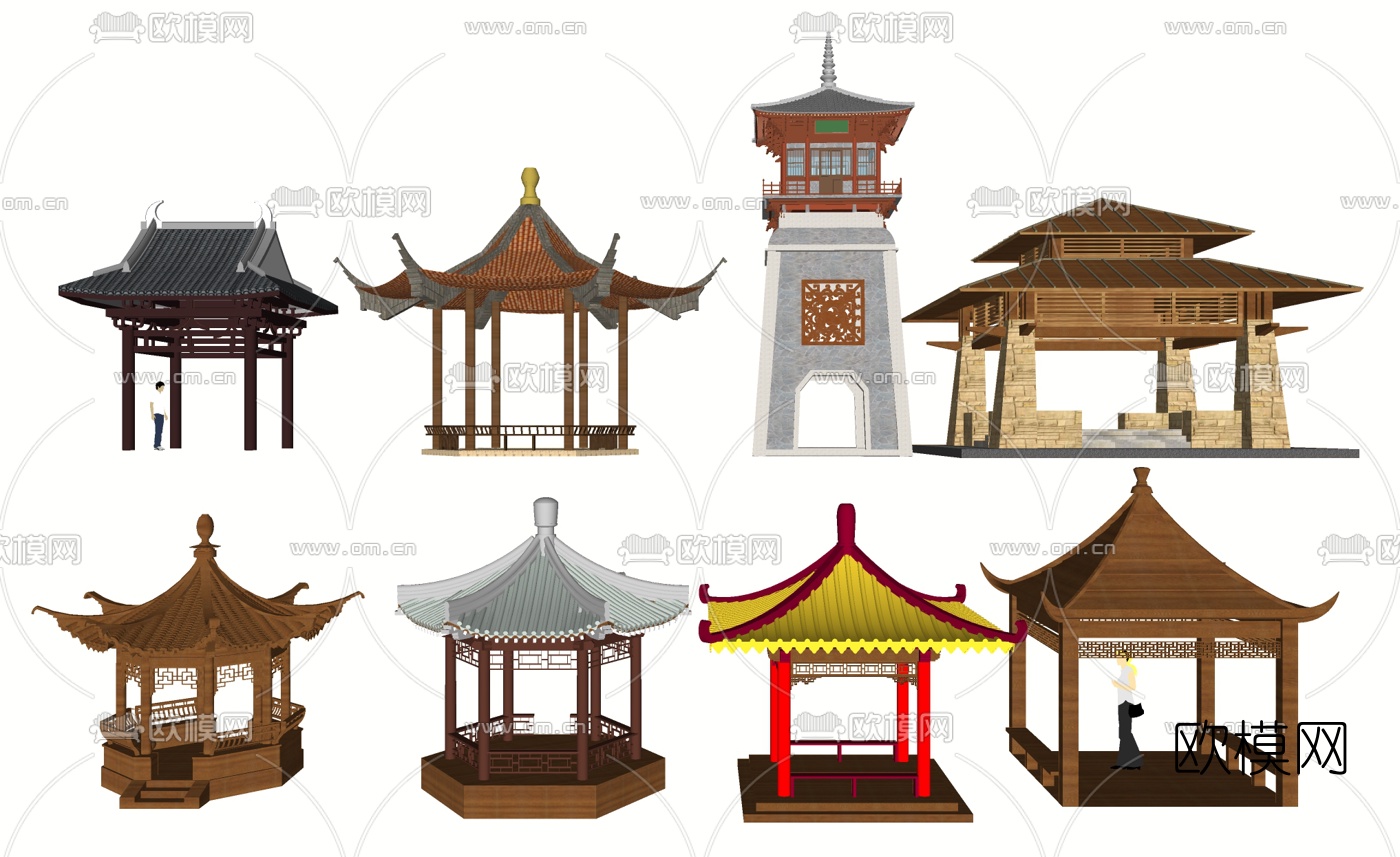 新中式凉亭塔楼su模型下载