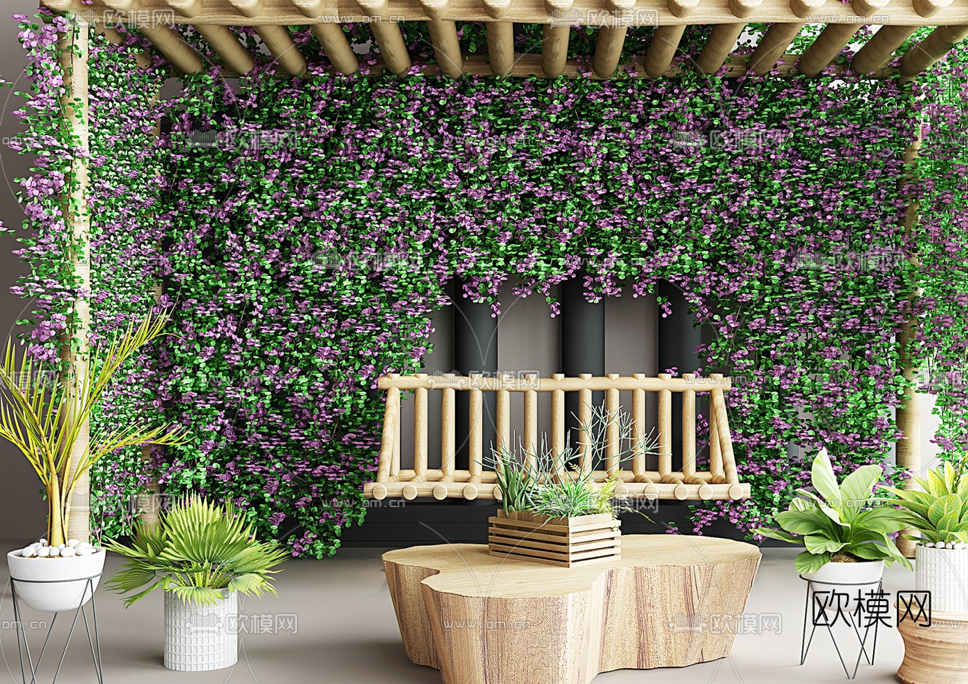 自然风休闲原木长椅茶几3d模型下载