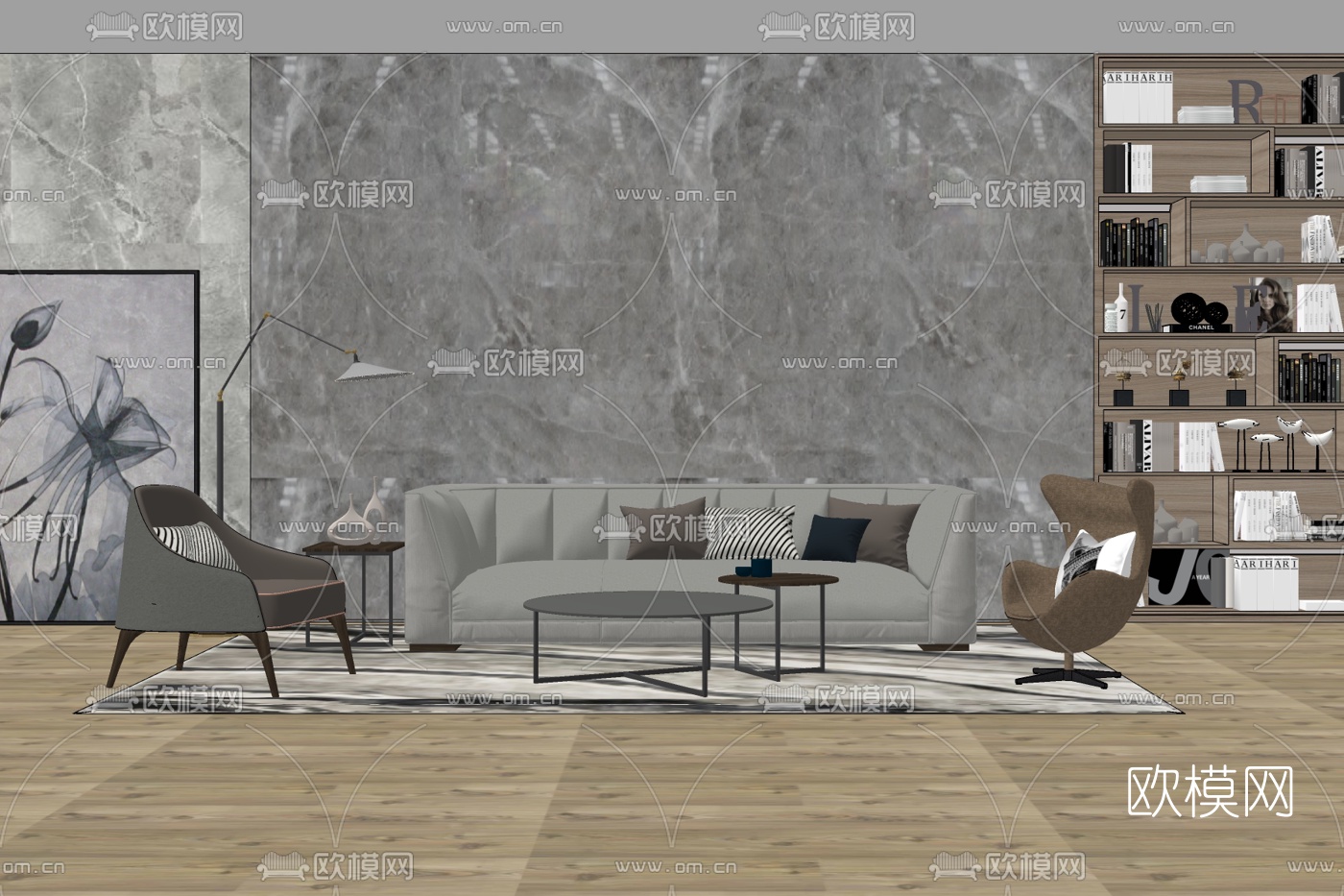 北欧布艺组合沙发免费su模型下载