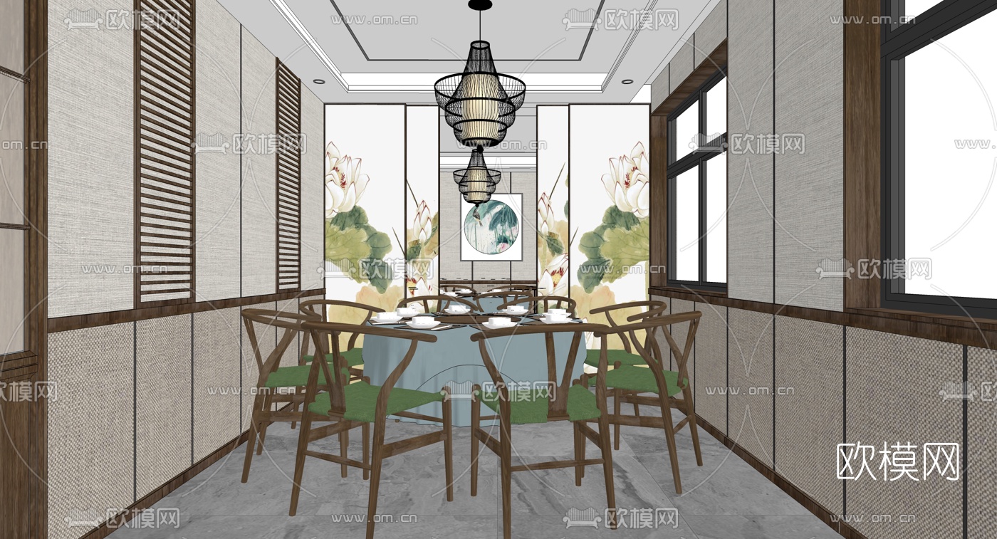 新中式餐厅包间su模型