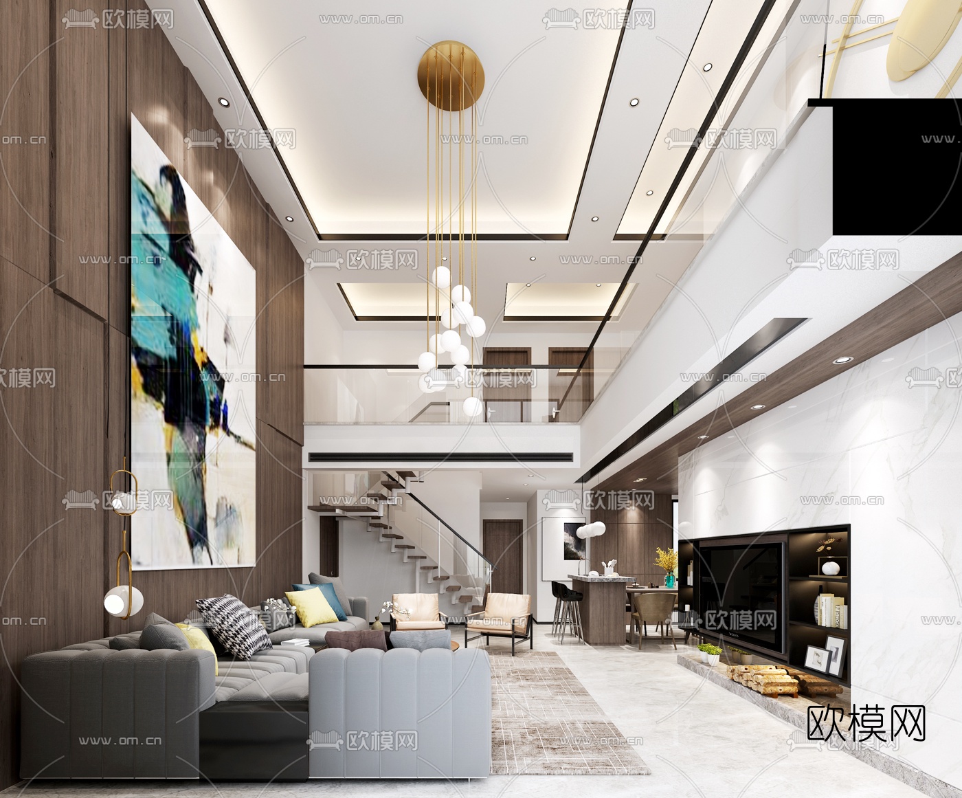 现代轻奢别墅客厅餐厅3d模型