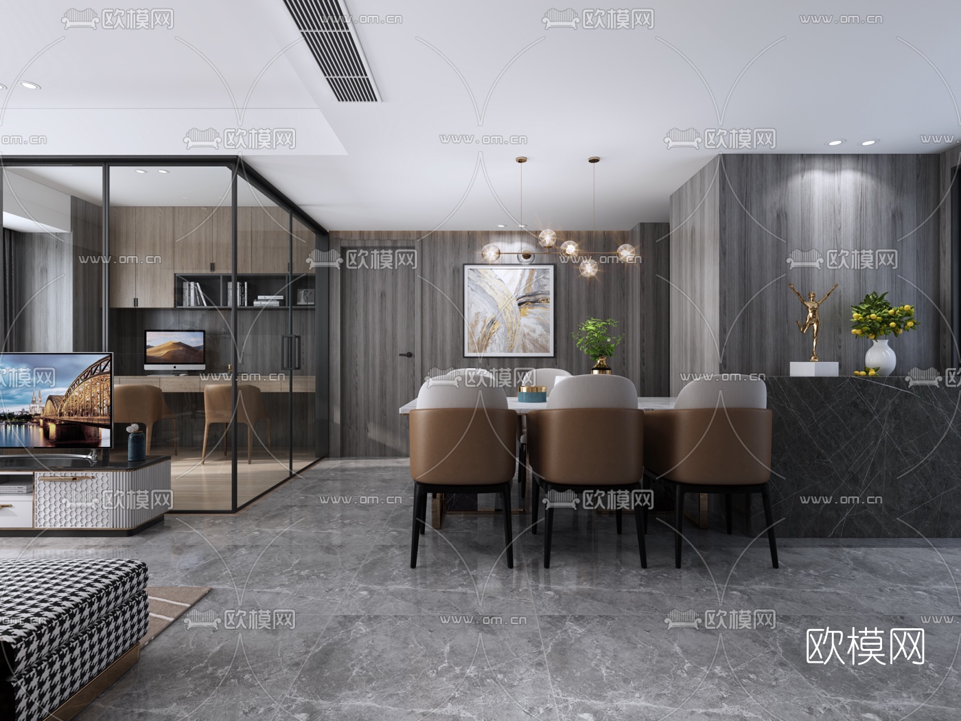 现代客厅餐厅3d模型