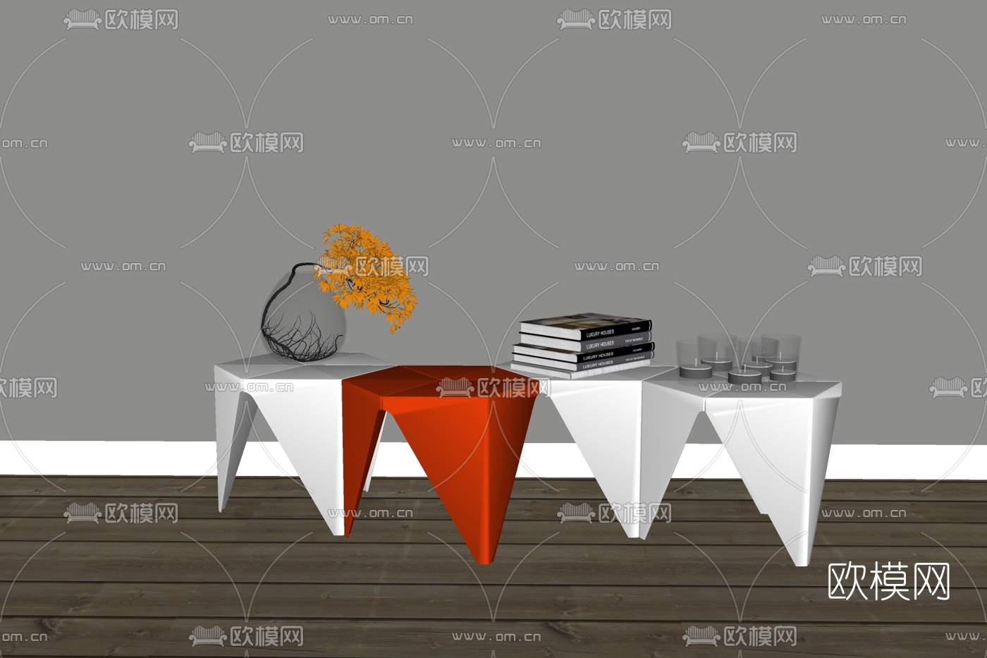 现代实木角几组合免费su模型下载