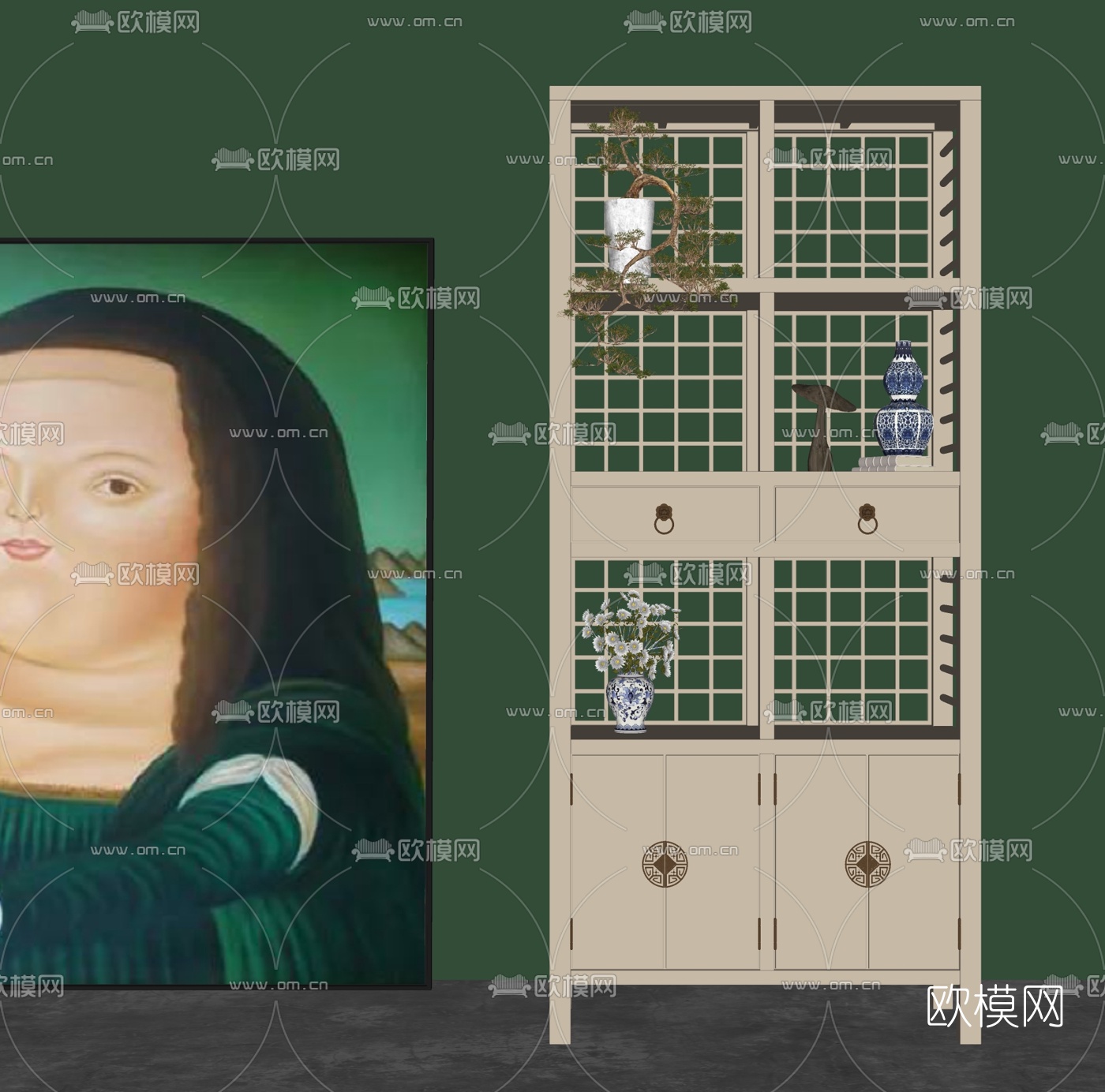 新中式实木装饰架su模型