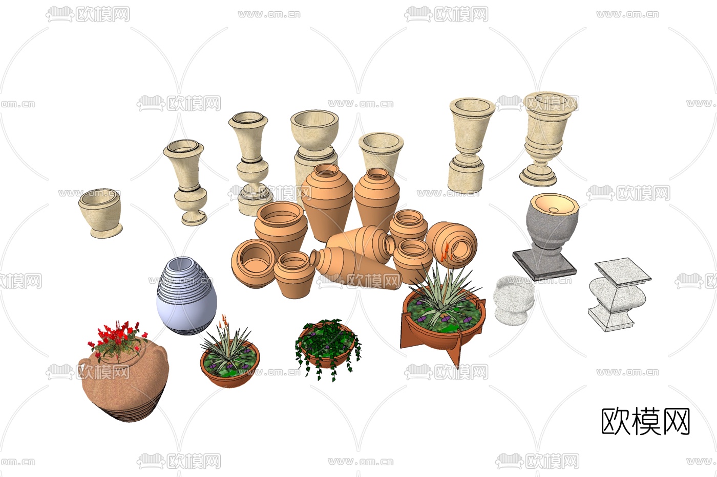 欧式花钵组合免费su模型下载