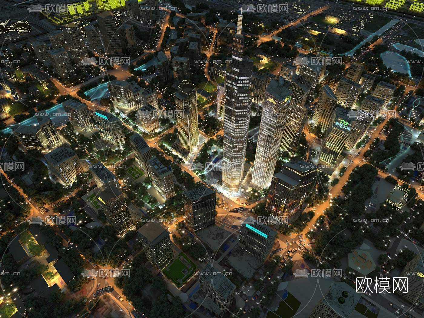 现代城市鸟瞰夜景3d模型下载_ID10369957_3dmax免费模型-欧模网