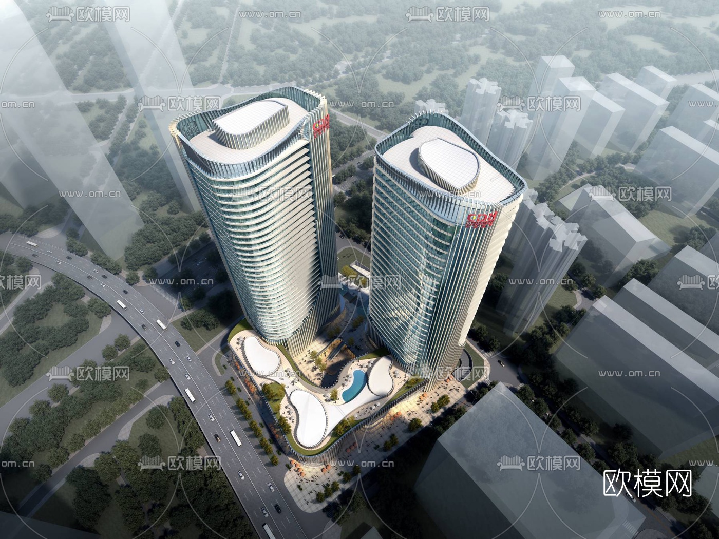 现代夜景商业街3d模型下载（渲染图2）