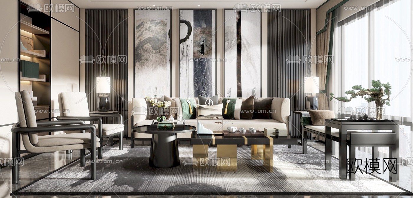 新中式客厅沙发组合3d模型下载（渲染图2）